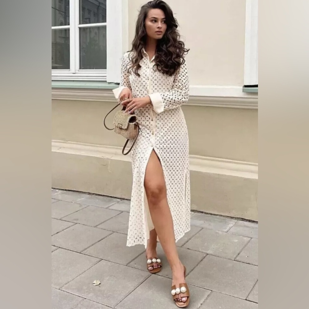 ZARA CREAM EMBROIDERED‎ CUTWORK MIDI DRESS, SIZE M
